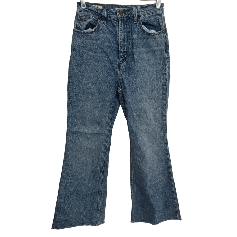 Levis Premium 70s High Flare Jeans Women's Size 25 Big E Denim Blue Raw Hem Zip